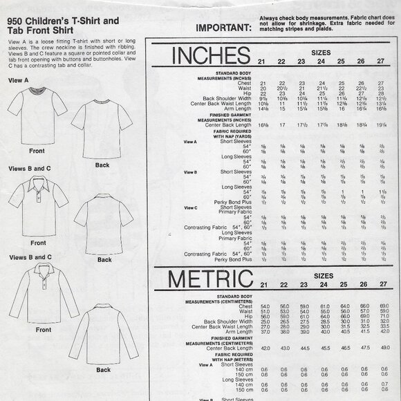 Stretch & Sew Pattern 950 Children's T-Shirt and Tab Front Shirt - UNCUT - Picture 3 of 4